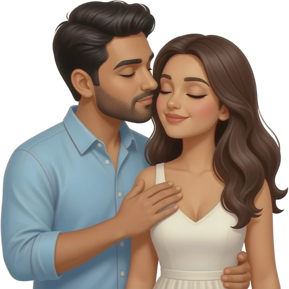Husband kissing wife lovingly Indian couple modern casual dress. Husband hand on wife chest. Lady low neck, men no beard emoji