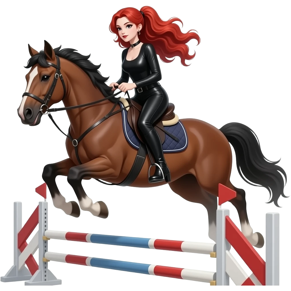 Vampiro femmina ADOLESCENTE con pelle bianca e capelli rosso ondulati lunghi in una coda che indossa dei pantaloni di pelle neri un top con maniche lunghe neroe degli stivali lunghi neri con tacco che cavalca un cavallo e fa' una gara ad ostacoli ed intrattenimento salta dalla sella emoji