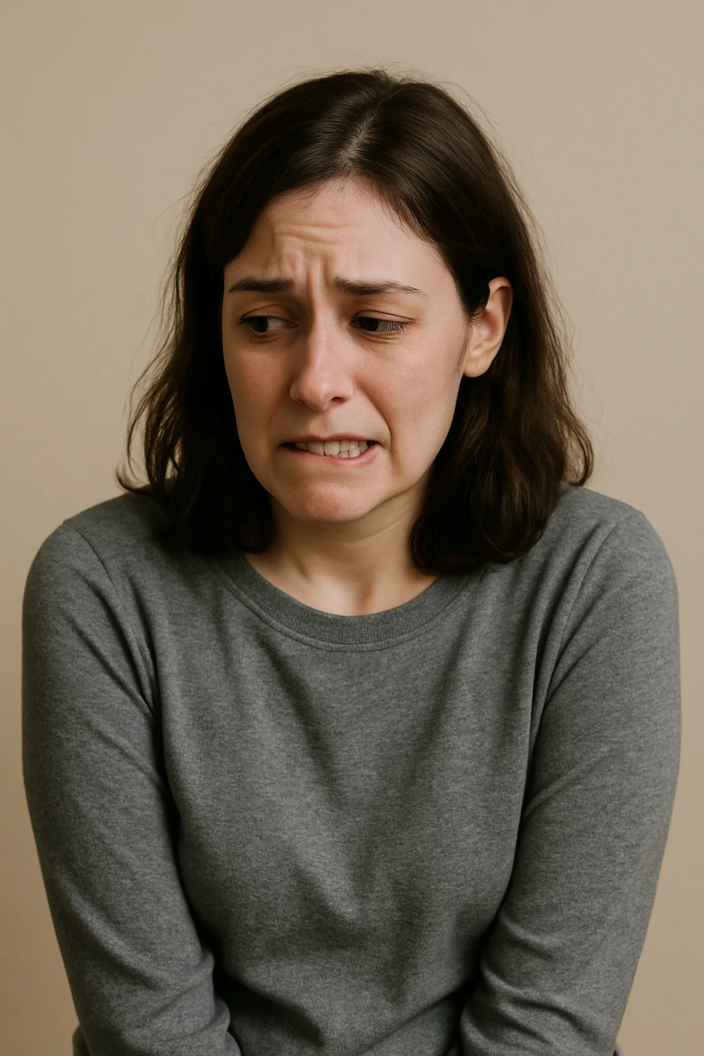a woman nervously biting her lip, avoiding eye contact, hunched shoulders, showing lack of confidence, simple background emoji