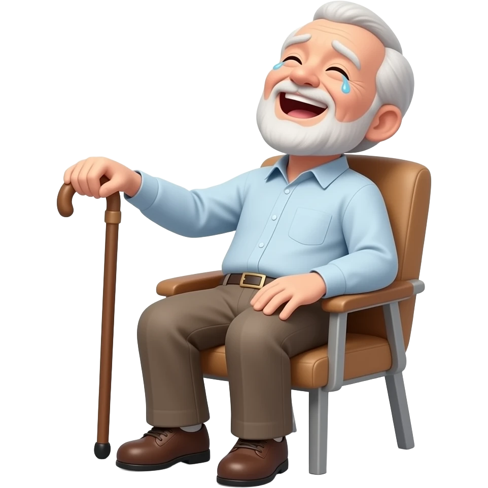 side view of an old man sitting in a chair holding a walking stick laughing with his head thrown back and tears in his eyes and his hand slapping his knee. emoji