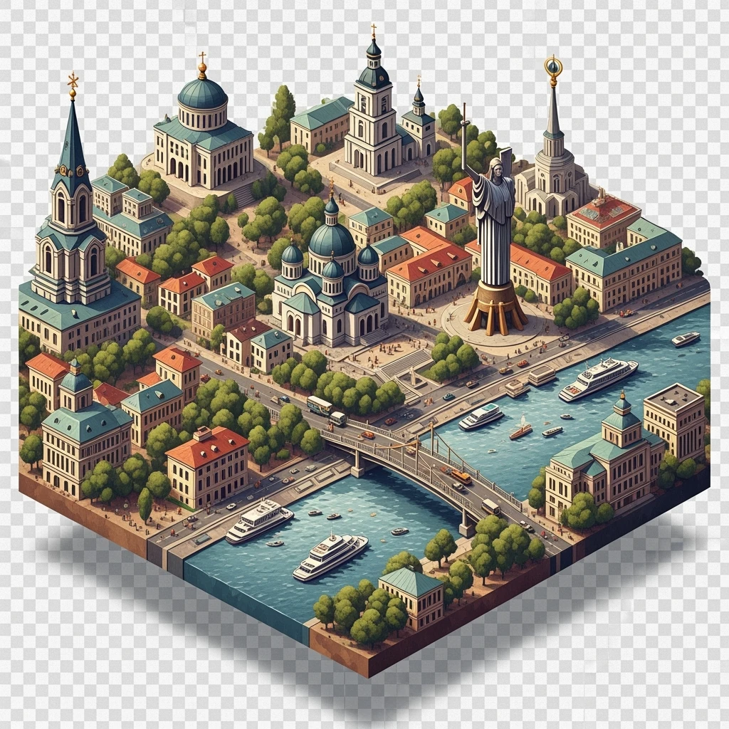 Isometric illustration of photorealistic Kyiv, balanced between paint stylized and realistic, 3D miniature effect, transparent background. emoji