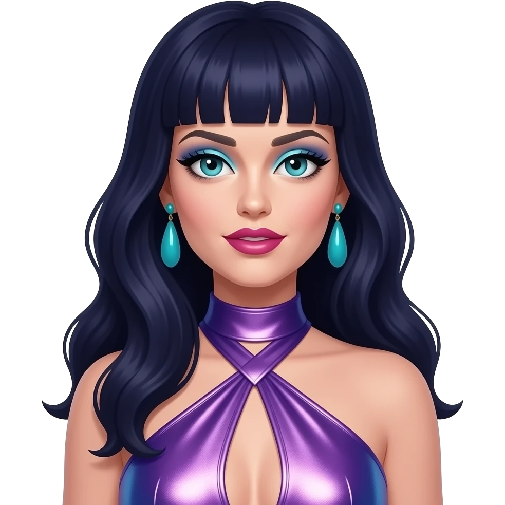Katy Perry with Teal eyes, long dark indigo hair, cyan eyeshadow, hot lipstick, purple, blue and pink metallic halter dress, cyan earrings emoji