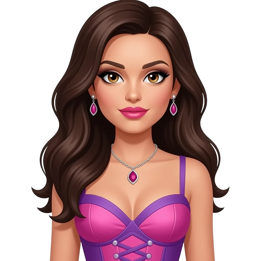 Jessica Sutta from The Pussycat Dolls with hazel eyes, long dark brown hair, black eyeshadow, hot pink lipstick, pink and purple off corset dress, necklace and earrings emoji