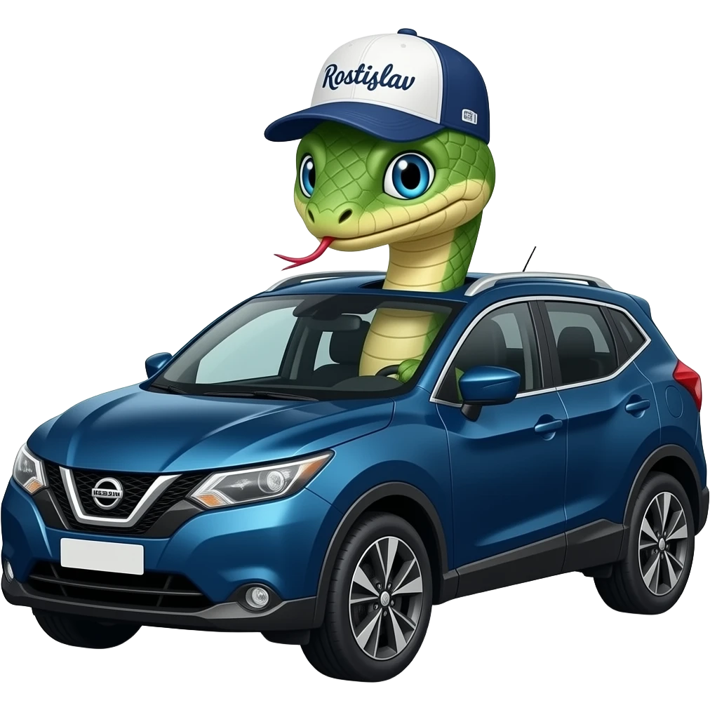 A snake in a cap with the inscription "Rostislav" is driving a dark blue Nissan Qashqai. emoji