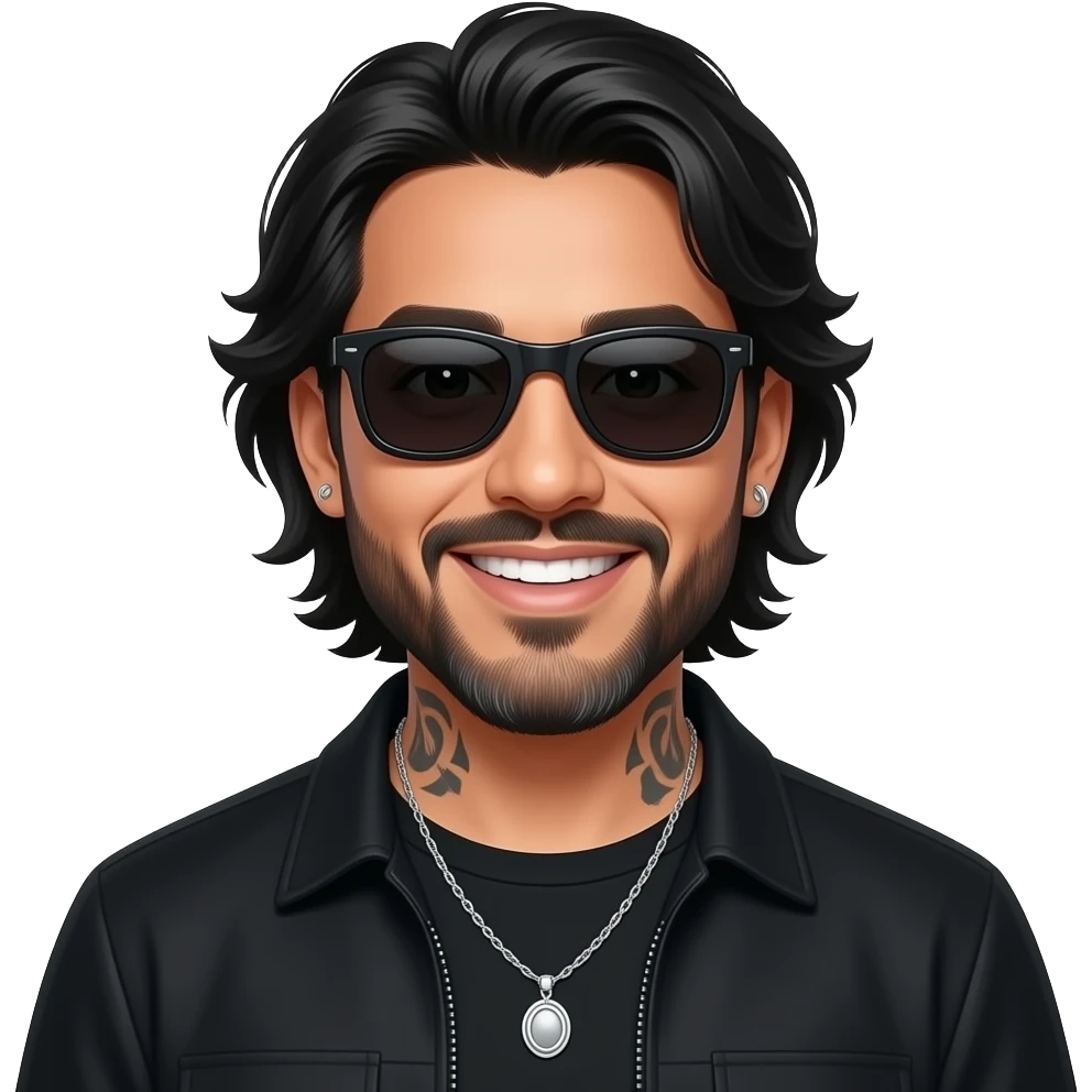 handsome, manly Latino podcast host with black colored eyes wearing black with silver jewelry, with medium length hair, a very long, lightly graying beard and tattoos, his ear and nose pierced, dark sunglasses. He is very happy emoji