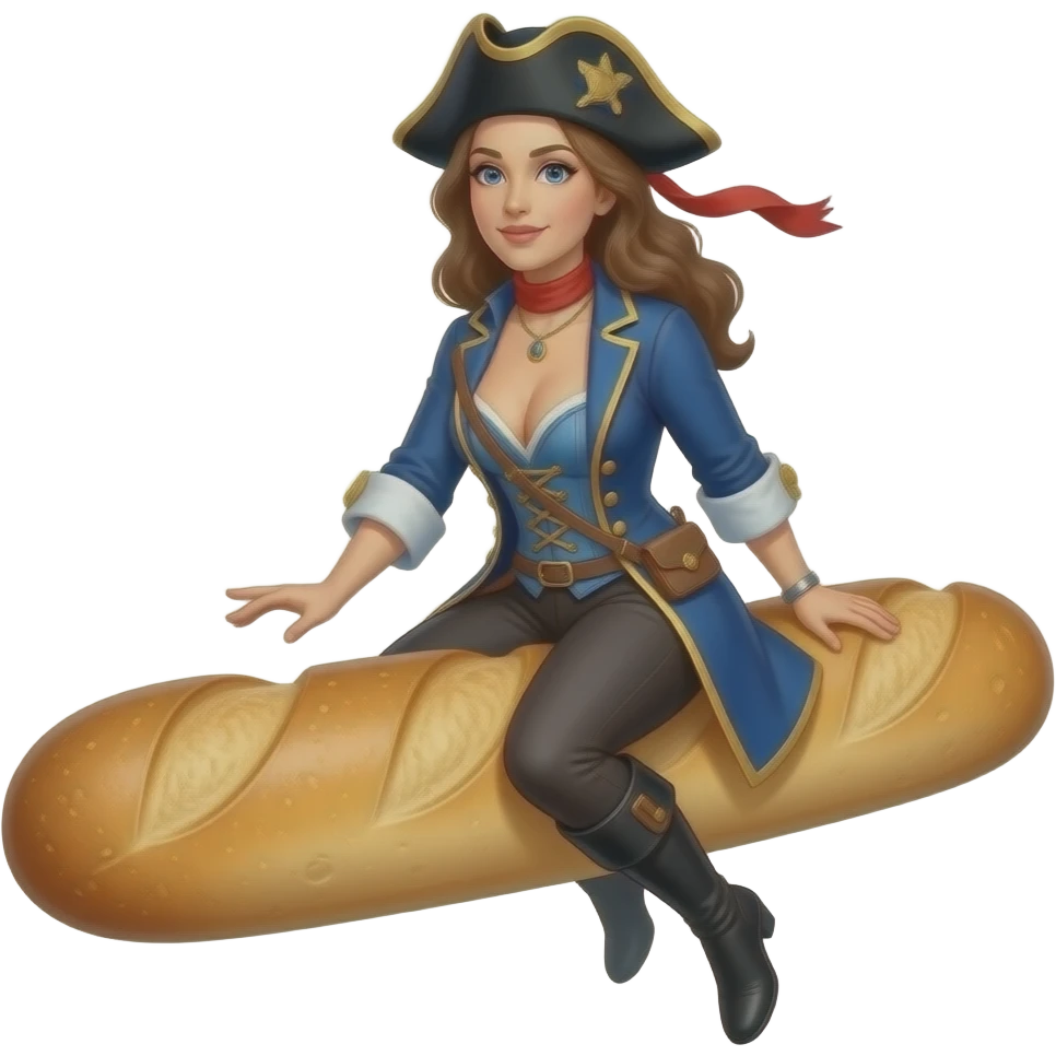 wild historical French Mariana in a tight corset with a large open neckline, with a rebel Jacobin cap riding a narrow French bread emoji