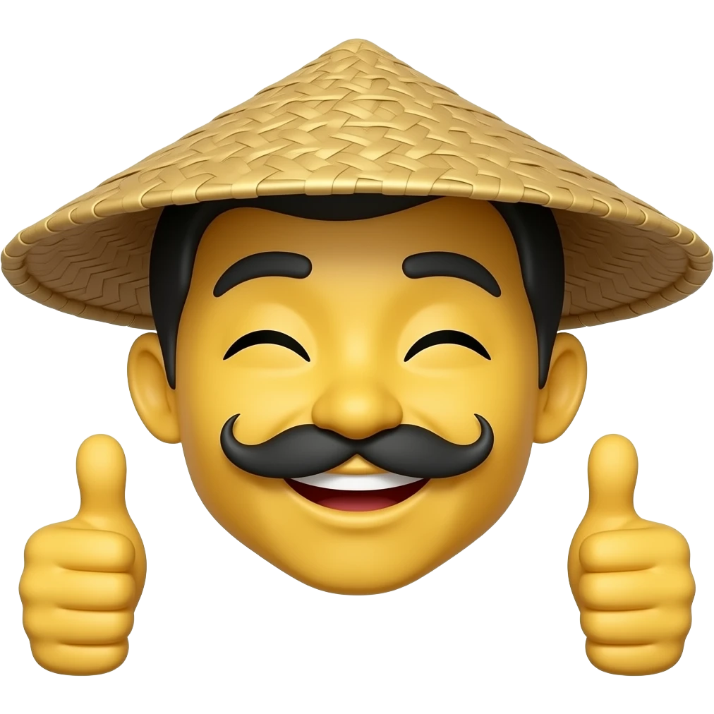 Can you make a classic yellow emoji that has a Chinese moustache whit a Chinese straw hat. He has a smile whit both of his eyes closed. He also has both of his hands thumbs up. His hands are floating in the air and not attached to the emoji emoji