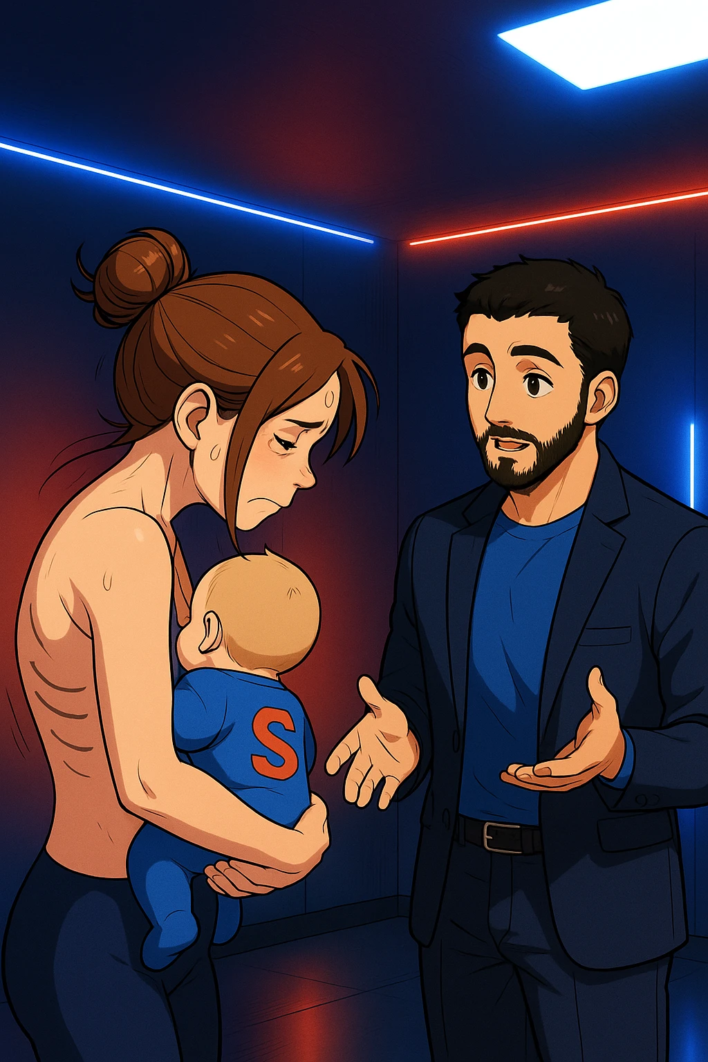 ispirati a questo stile di disegno e fai questa immagine in versione manga/webtoon a colori, il manga mostra la donna preoccupata di profilo con la postura sbagliata e incurvata, spalle chiuse e curve in avanti, con un neonato in braccio con una tutina azzurra e la scritta "S" sulla schiena, spina dorsale storta della donna in evidenza mentre ascolta l'uomo mentre l'uomo gli sta spiegando una cosa, ma non fare i fumetti, fai come se stessero parlando emoji