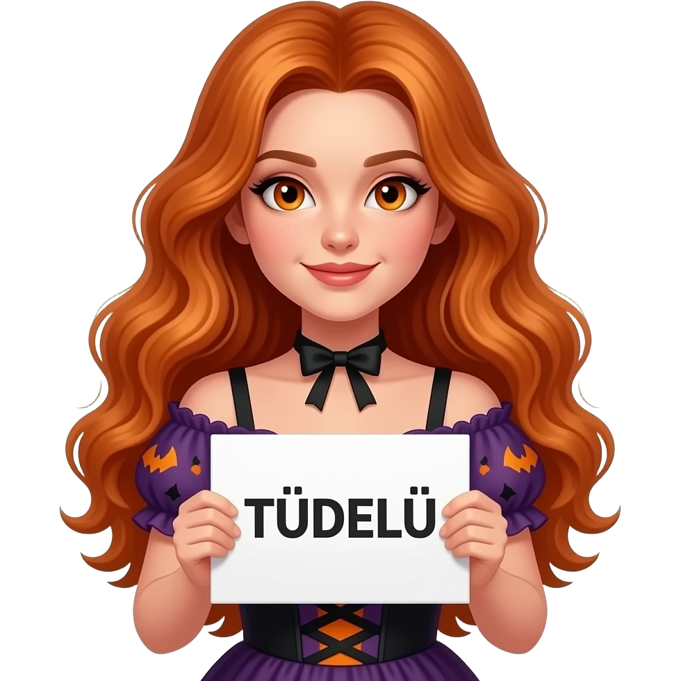 sexy girl with long wavy ginger hair and ginger eyes wearing a halloween dress is holding a white colored sign with TÜDELÜ written on it emoji