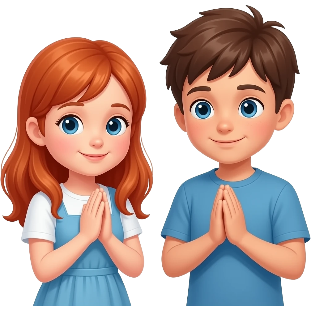 Like an emoji - Red hair girl and brown hair boy praying to god emoji