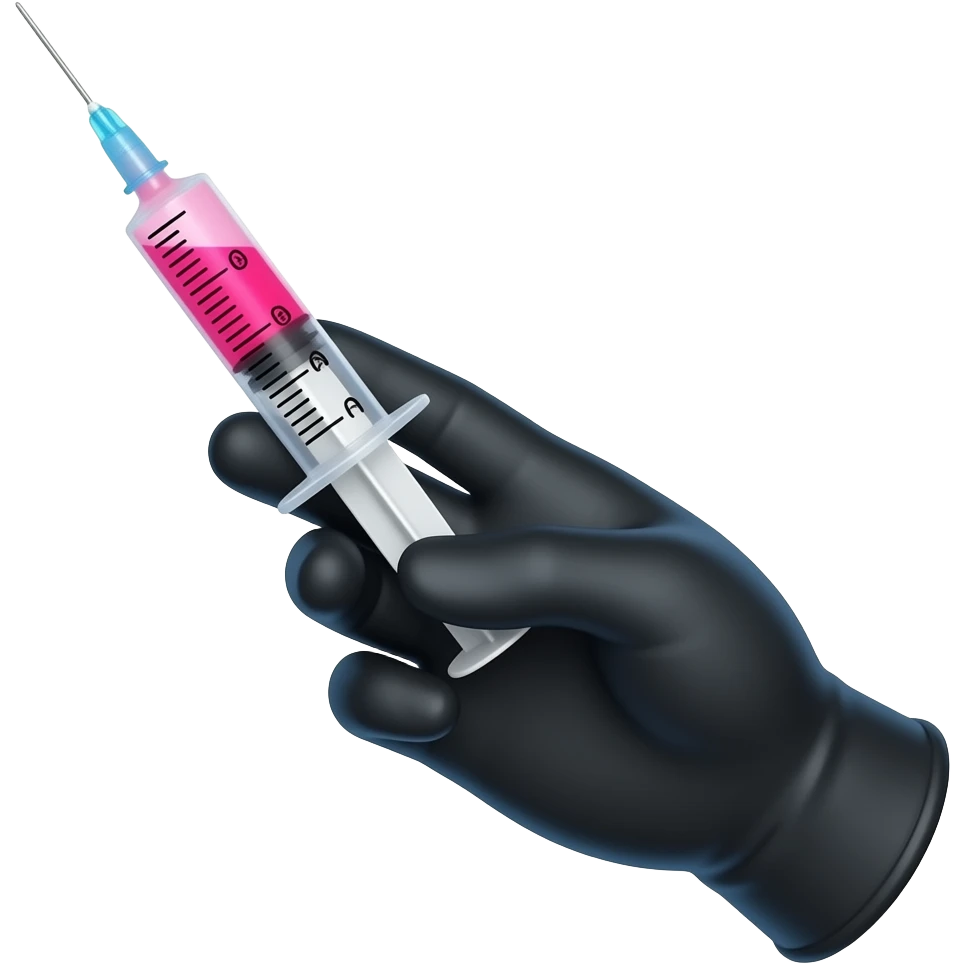 A gloved dainty male hand holding a syringe with glowing neon-red liquid inside. The glove is black but is cobalt-blue on the palm Side emoji