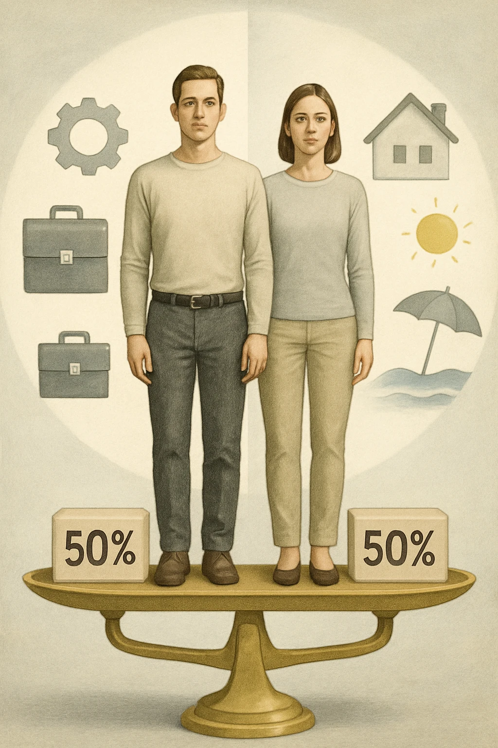 Uomo e donna in piedi l’uno accanto all’altra, al centro di una bilancia perfettamente in equilibrio. Entrambi vestiti in modo simile (moderno e neutro), con espressioni serene e rispettose. Sotto i loro piedi, due blocchi con scritto '50%' ciascuno. Sullo sfondo, elementi divisi simmetricamente: lavoro, famiglia, tempo libero, rappresentati equamente da entrambi. Atmosfera armoniosa, illuminazione equilibrata, colori neutri e simbolici (bianco, grigio, blu e oro). Stile realistico con accento simbolico sul concetto di equità emoji