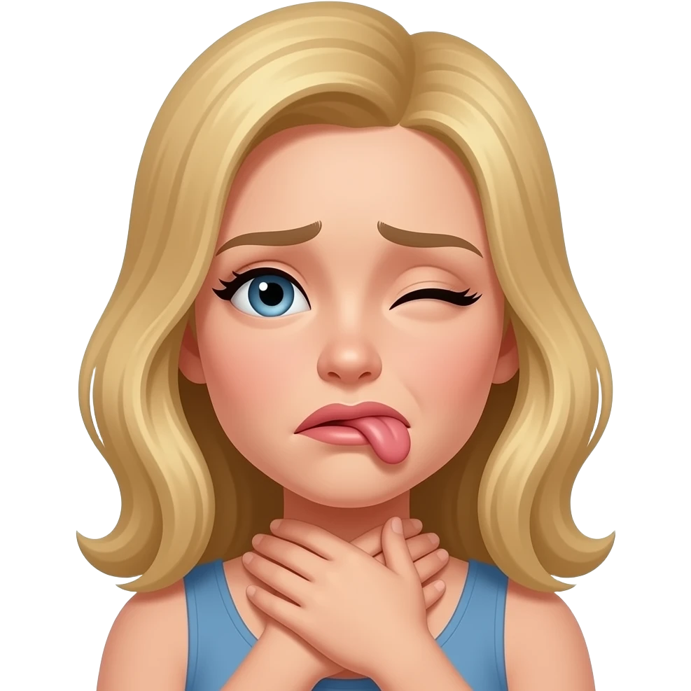 Hands crossing over around around the neck with one eye open and one eye squinting female blond and sad mouth and tongue sticking out emoji