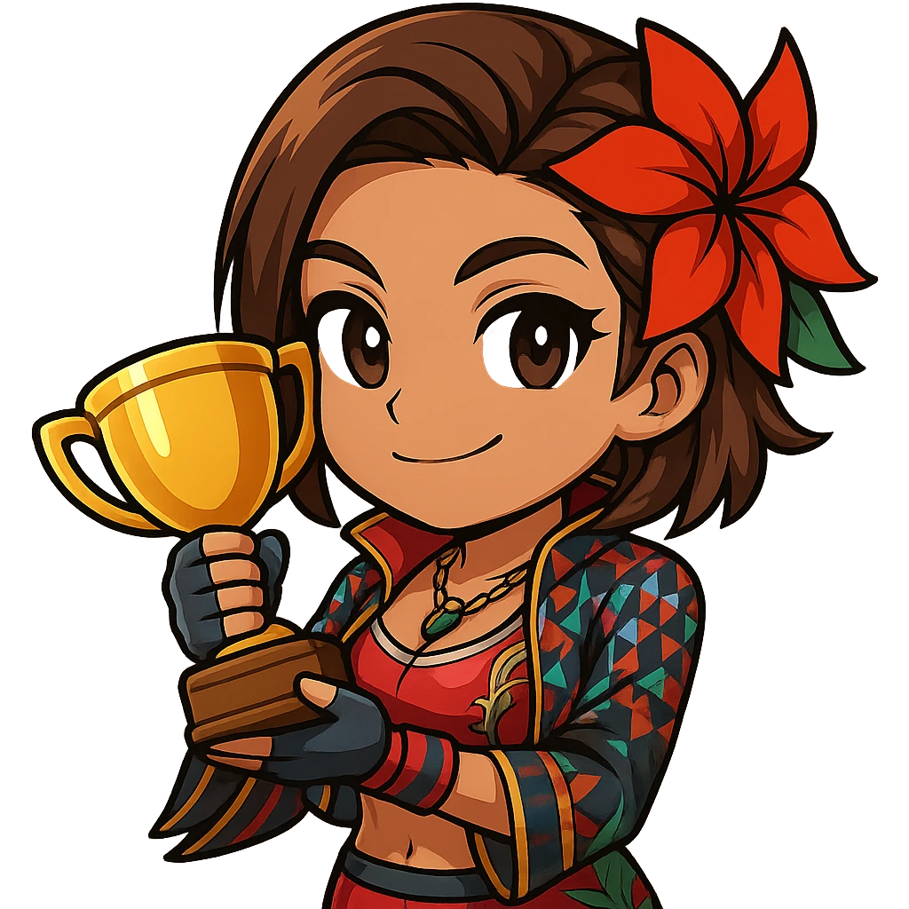 Azucena from Tekken 8 in chibi sticker style, holding a trophy with a proud and happy expression, wearing the detailed red and patterned outfit from the reference images, designed for Twitch emote use. emoji