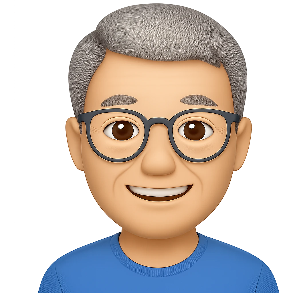 Make the middle aged Asian man look a little older with slightly gray hair, keep glasses, smiling, in emoji style, no background. emoji