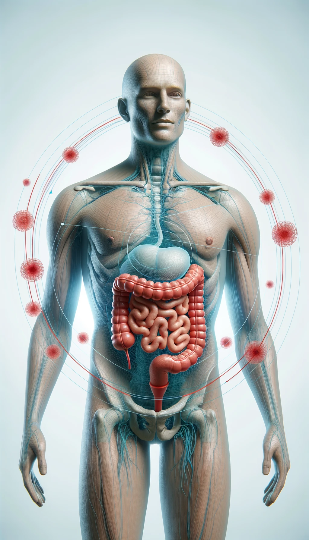 corpo umano anatomico con intestino umano anatomico con frecce 3d che gli girano intorno, sfondo chiaro, iperrealistico 4k emoji