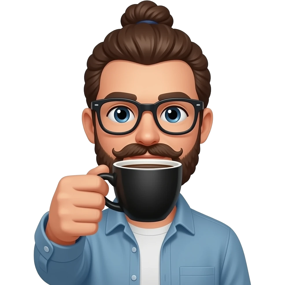 hipster with glasses and curly mustache and a man bun holding black coffee emoji