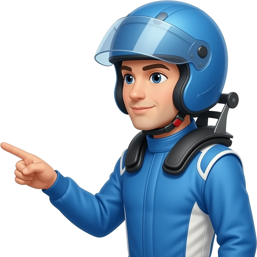 f1 racer posing with blue costume, using blue costume and helmet, side pose and pointing emoji
