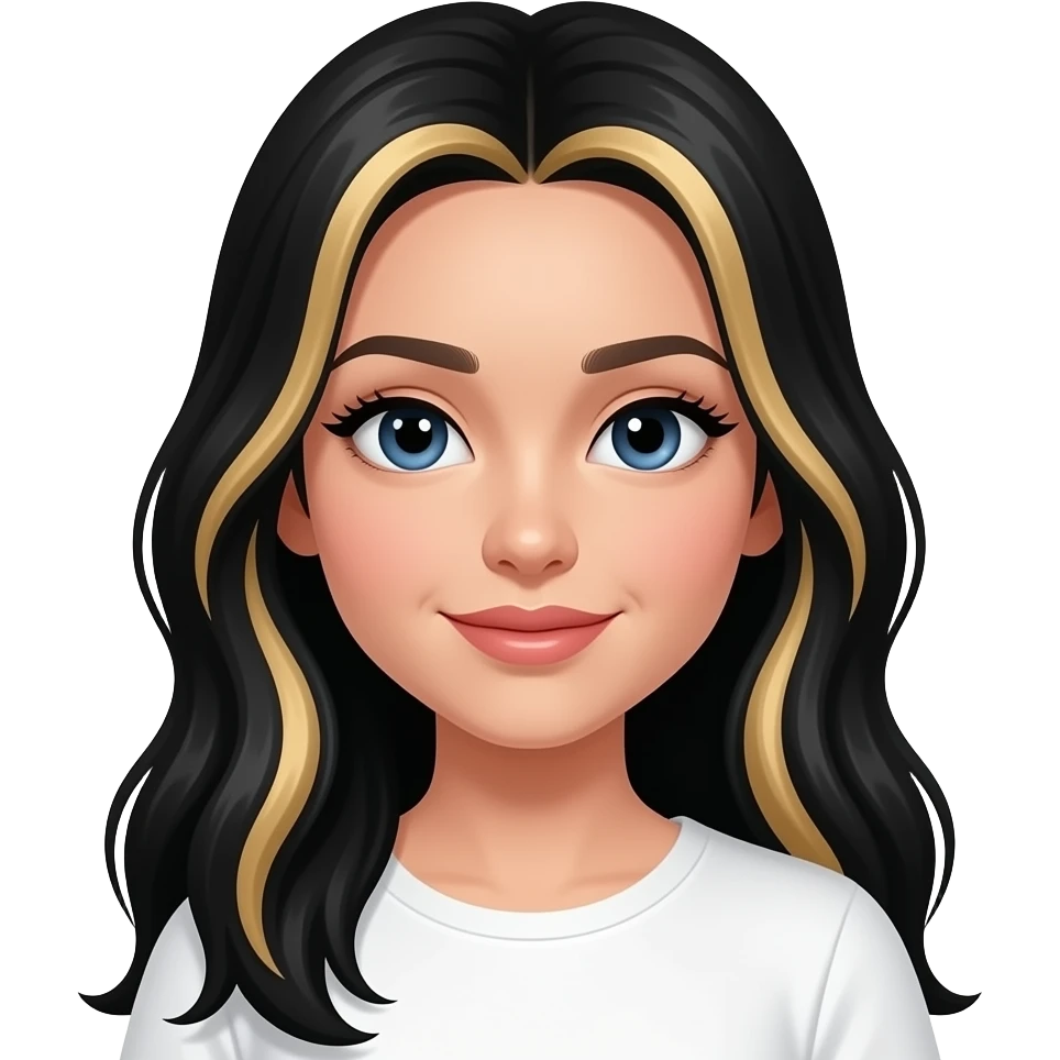 make a girl emoji with long black hair and blonde highlights and blue eyes with long lashes and wearing a white top emoji