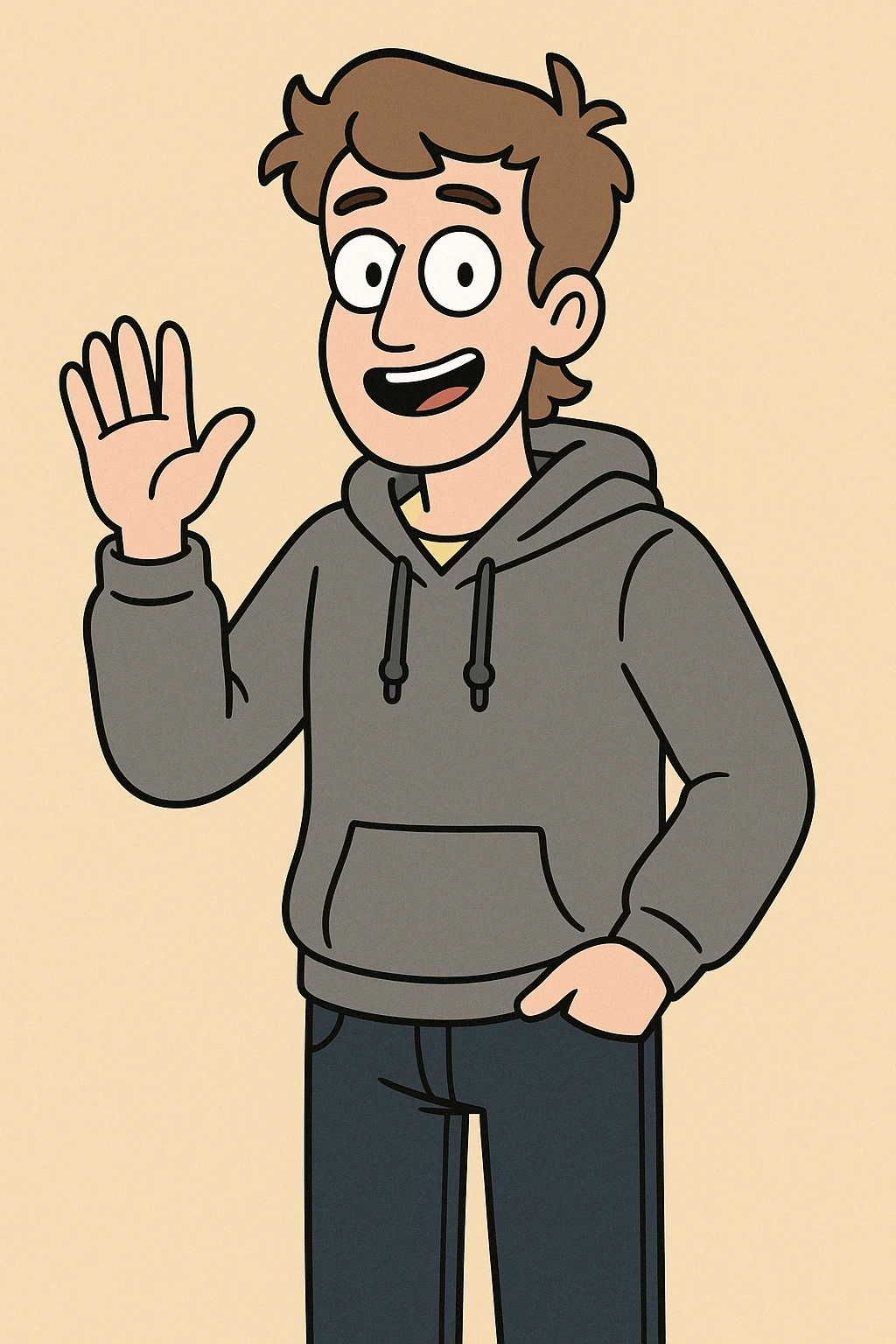 Pastel Yellow shirts Pacific Grey Hoodie dark blue jeans pockets a hand say hello emoji