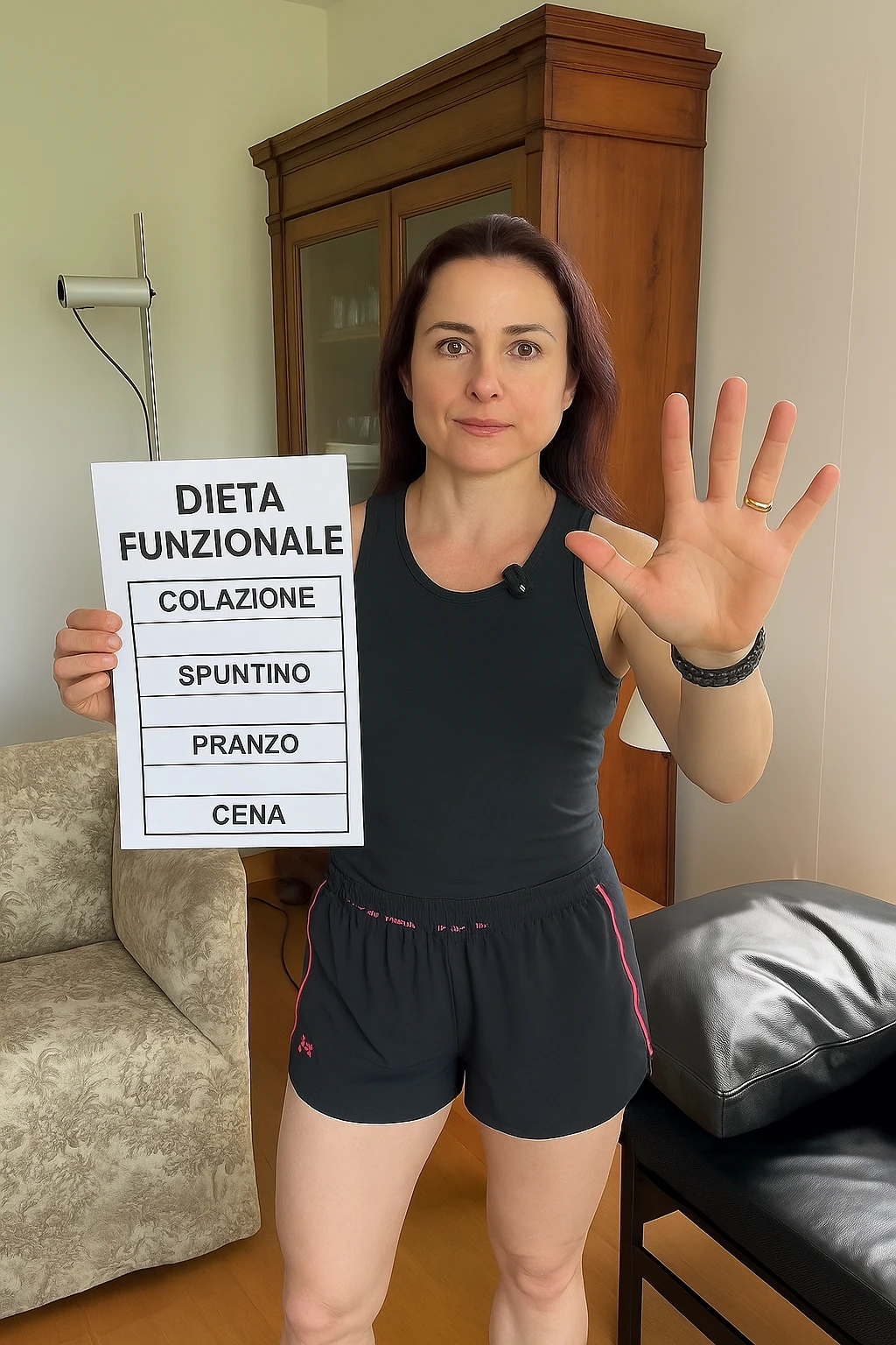 Donna con in mano una dieta con scritto "Dieta Funzionale" emoji