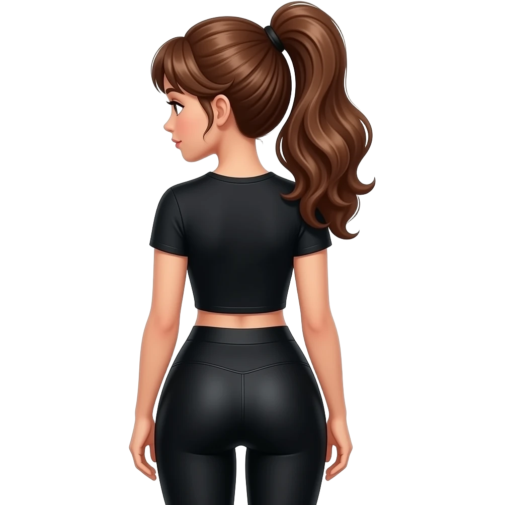 brown hair, more biggest ass ever huge ass wearing tight leggings black and black t shirt tight. girl, hair tied in ponytail glossy and sexy hair with night curls hanging just pure workout fitted hair emoji