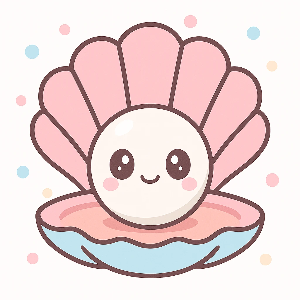 a cute white pearl inside an open seashell, kawaii style, soft shading, big eyes, gentle smile, pastel colors, simple background emoji