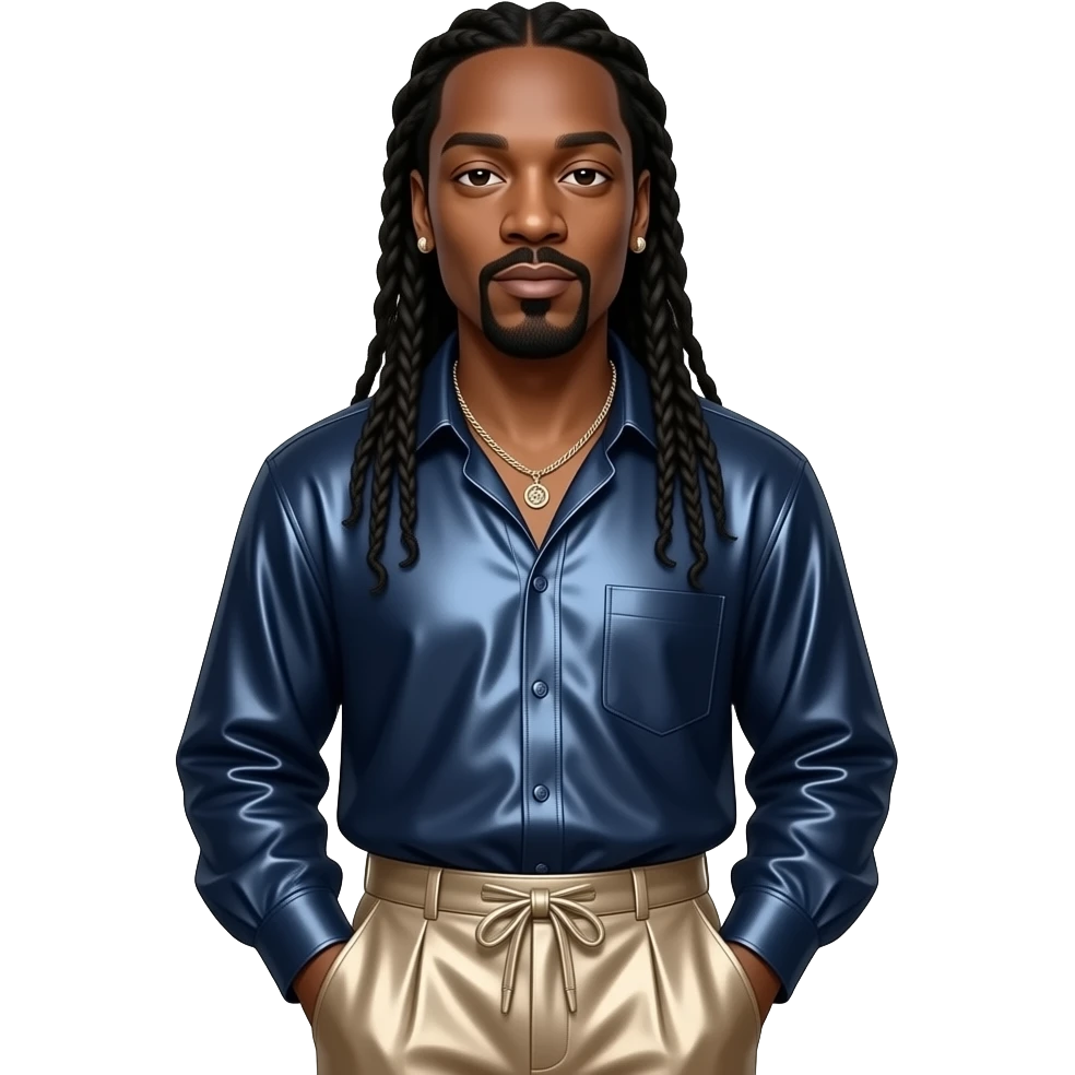 Snoop Dogg with dark brown eyes, long black dreads, dark blue metallic blouse, beige metallic baggy pants, necklace and earrings emoji