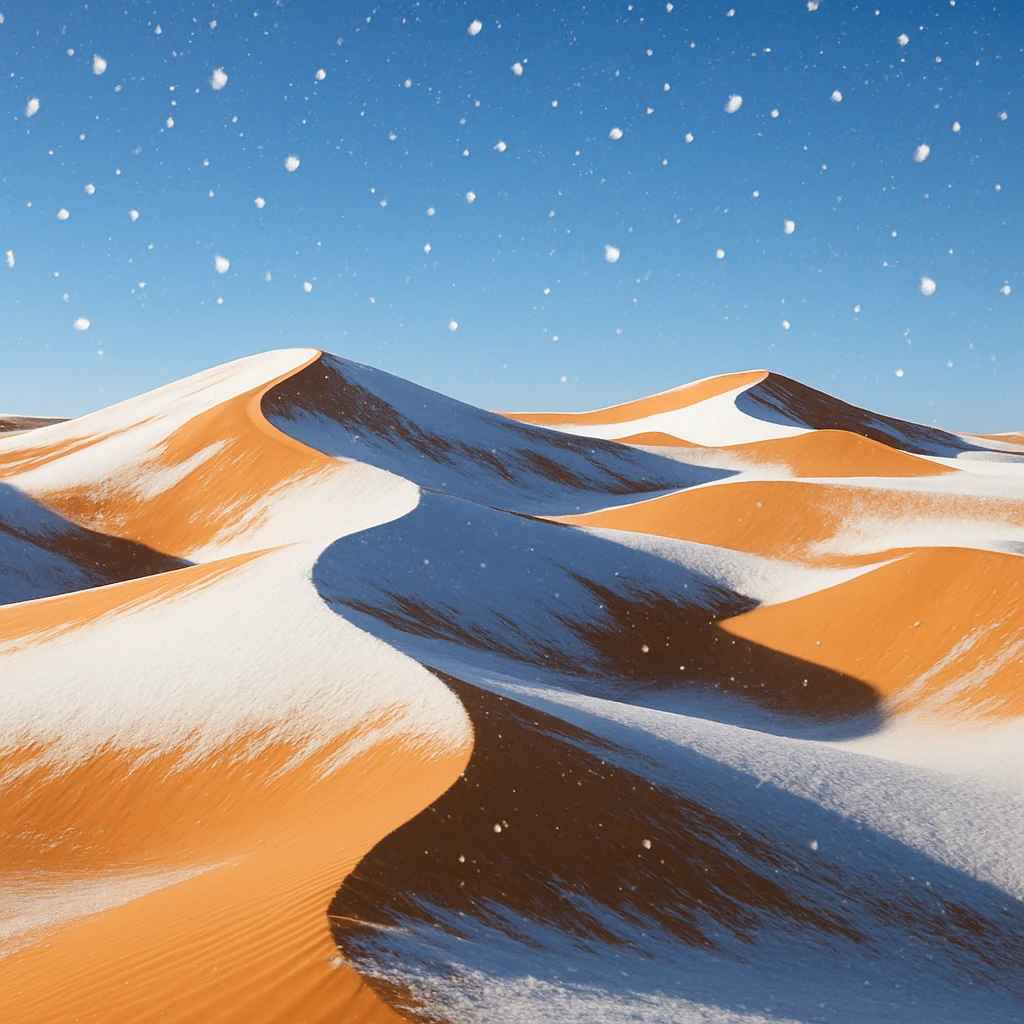 snow falling in a desert landscape, sand dunes with a layer of snow, clear sky emoji