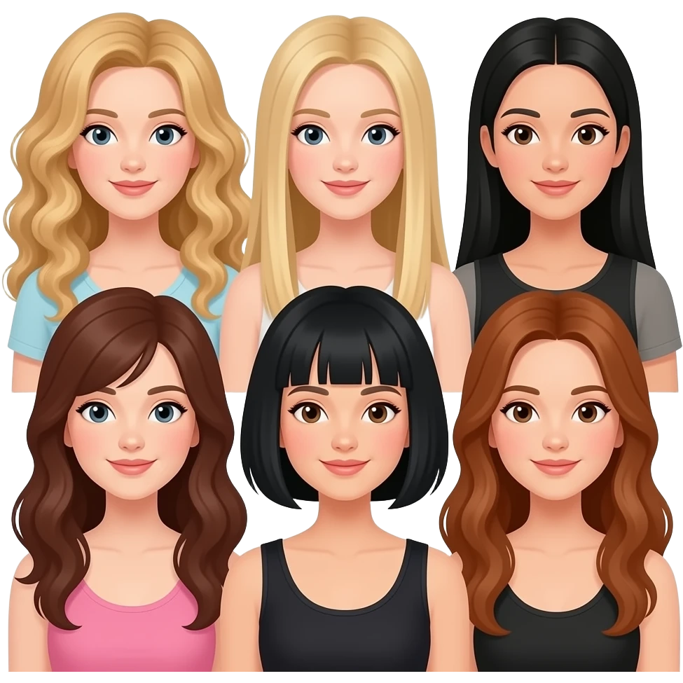 6 amigas, 1 rubia pelo largo rizado, una rubia pelo largo liso, una pelo negro largo liso, una pelo negro corto dos castañas pelo laego emoji