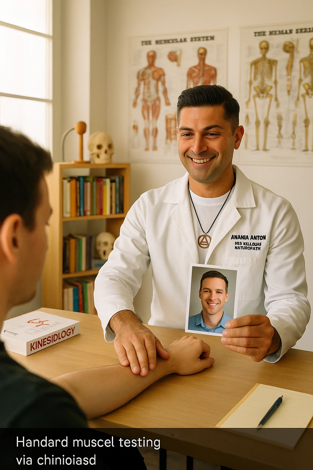 a middle-aged man, dressed in casual professional attire, is in a bright, organized therapy studio. Durante una visita di kinesiologia, il praticante tiene con una mano la foto di una persona lontana (il “testimone”) appoggiata su un tavolo, mentre con l’altra mano esegue un test muscolare su un cliente presente. Sullo sfondo si vedono libri di kinesiologia, poster anatomici e strumenti tipici della disciplina. L’atmosfera è concentrata e serena, con luce naturale che entra dalla finestra, sottolineando l’aspetto alternativo e umano della pratica. emoji