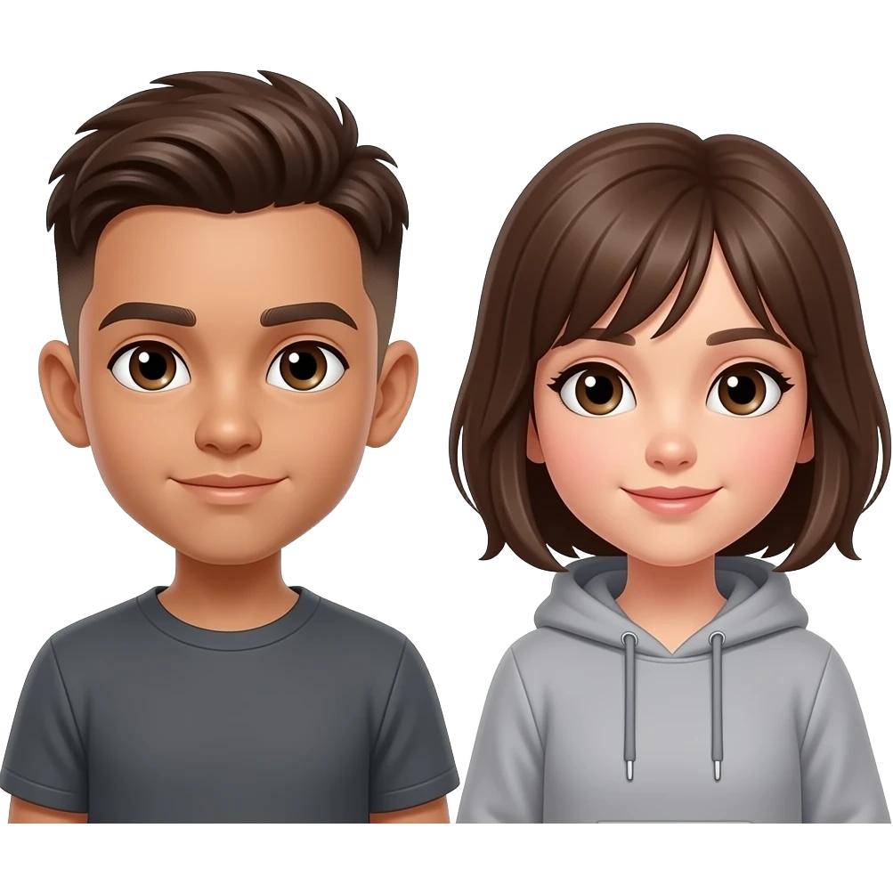 Koyu kahverengi gözlü, Kumral, Buzz Cut saçlı erkek çocuk yap saçını biraz daha uzat ve ten rengini buğday yap saçını düzleştir yanına da gri hırkalı Kumral koyu kahverengi gözlü kız koy kızın saçını biraz daha uzun yap ve üstüne gri hırka giydir emoji