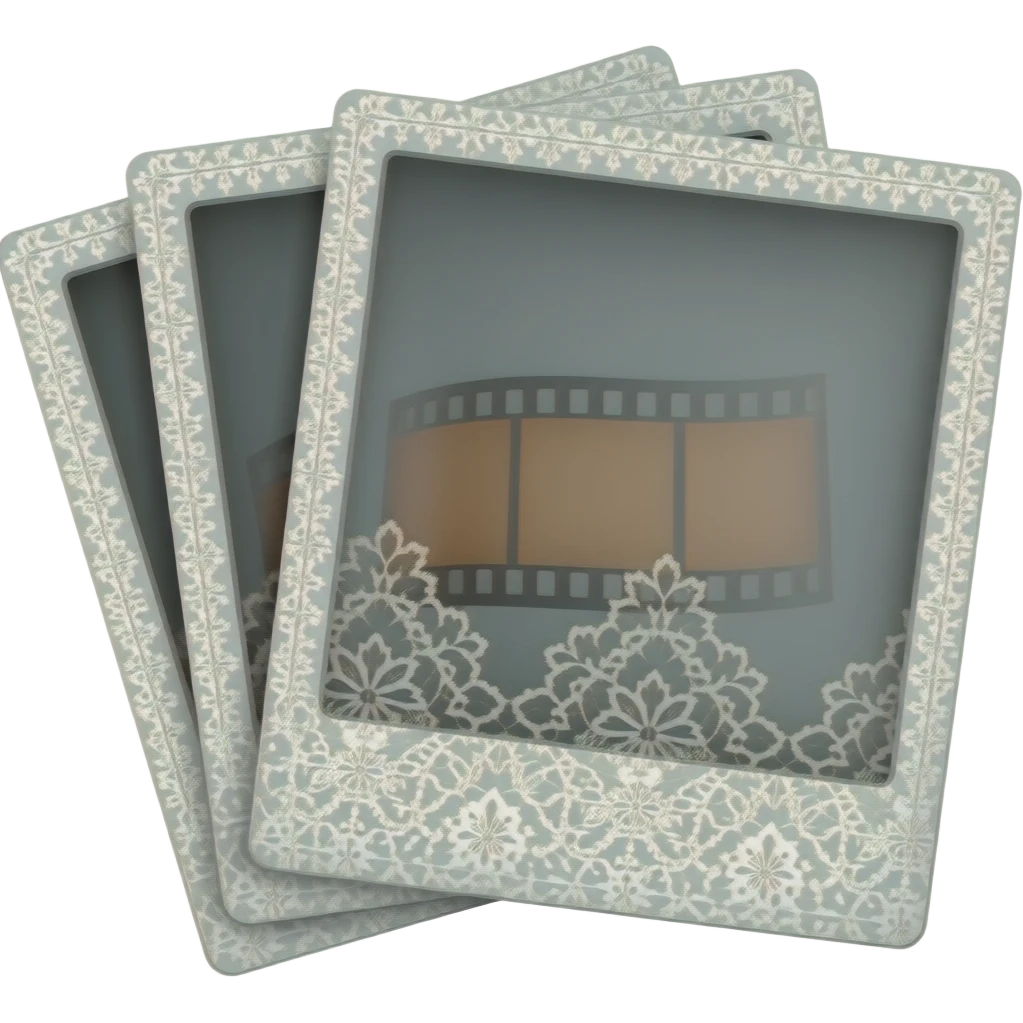 Several sheets of Polaroid film, lace-trimmed Polaroid emoji