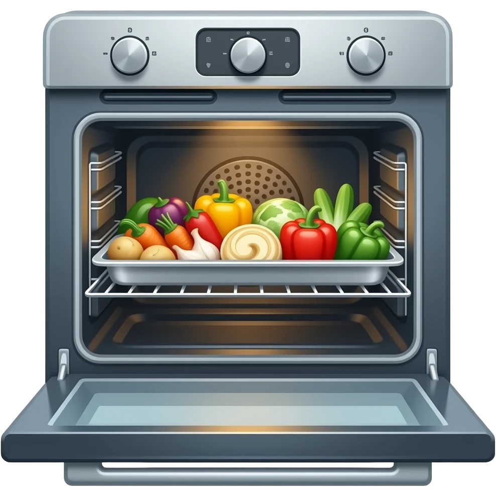 baking tray with vegetables, show it view the oven please emoji