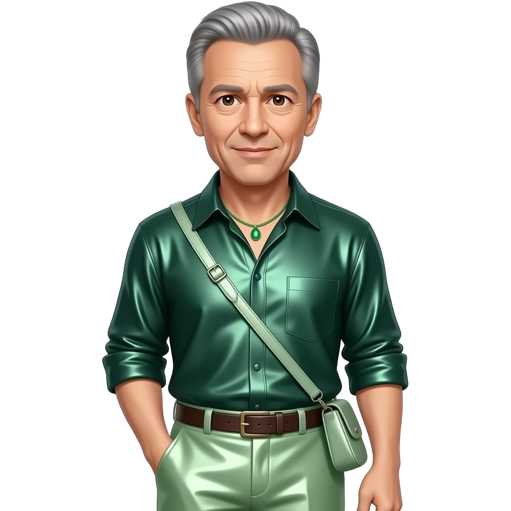 Jeff Goldblum with brown eyes, silver hair, dark green metallic shirt, light green metallic baggy pants, green necklace emoji