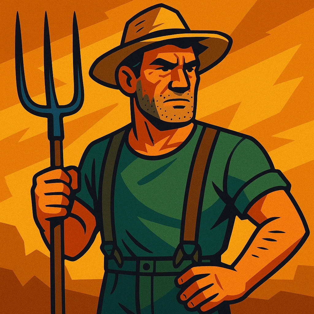 vibrant toon style illustration of a rugged middle-aged farmer, sun-bleached face, black hair, strong jaw, stubble, green trousers, suspenders, green T-shirt, straw hat, holding pitchfork, dramatic warm golden-brown background, bold lines, mix of warm and cool lighting, rustic rural America vibe emoji