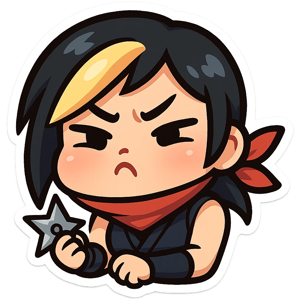 Sexy chibi ninja girl with black short hair and a blonde streak, only head and arms, colorful chibi style with bold outlines, transparent background, no mask, pouting face with puffed cheeks and furrowed brows, sized for Twitch emoji use. emoji