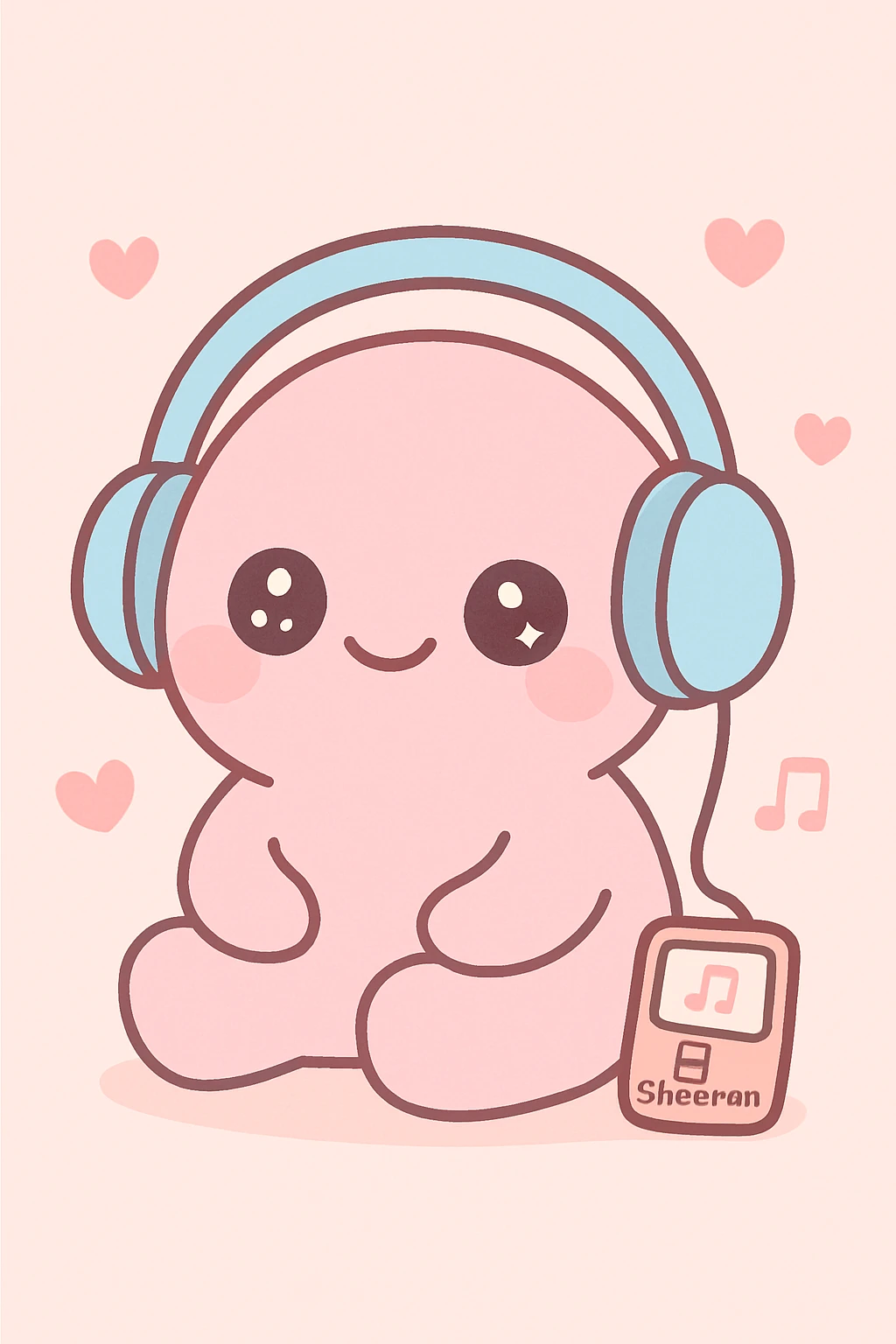 pink character listening to Ed Sheeran music, heartwarming and relaxed, kawaii style emoji