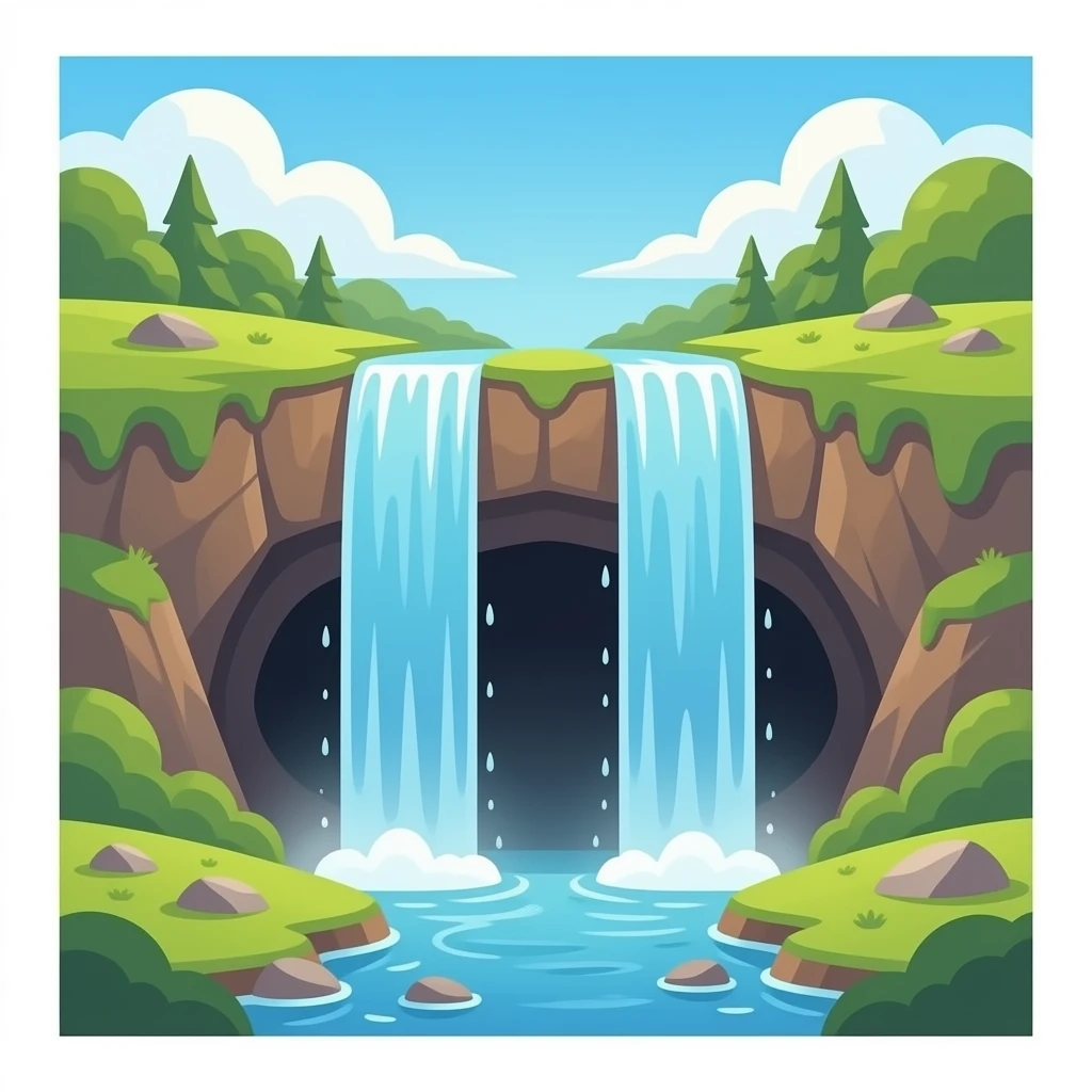 high waterfall with a cave behind with the water splitting in two like a curtain to show the cave in the middle only, stream at top is not split emoji