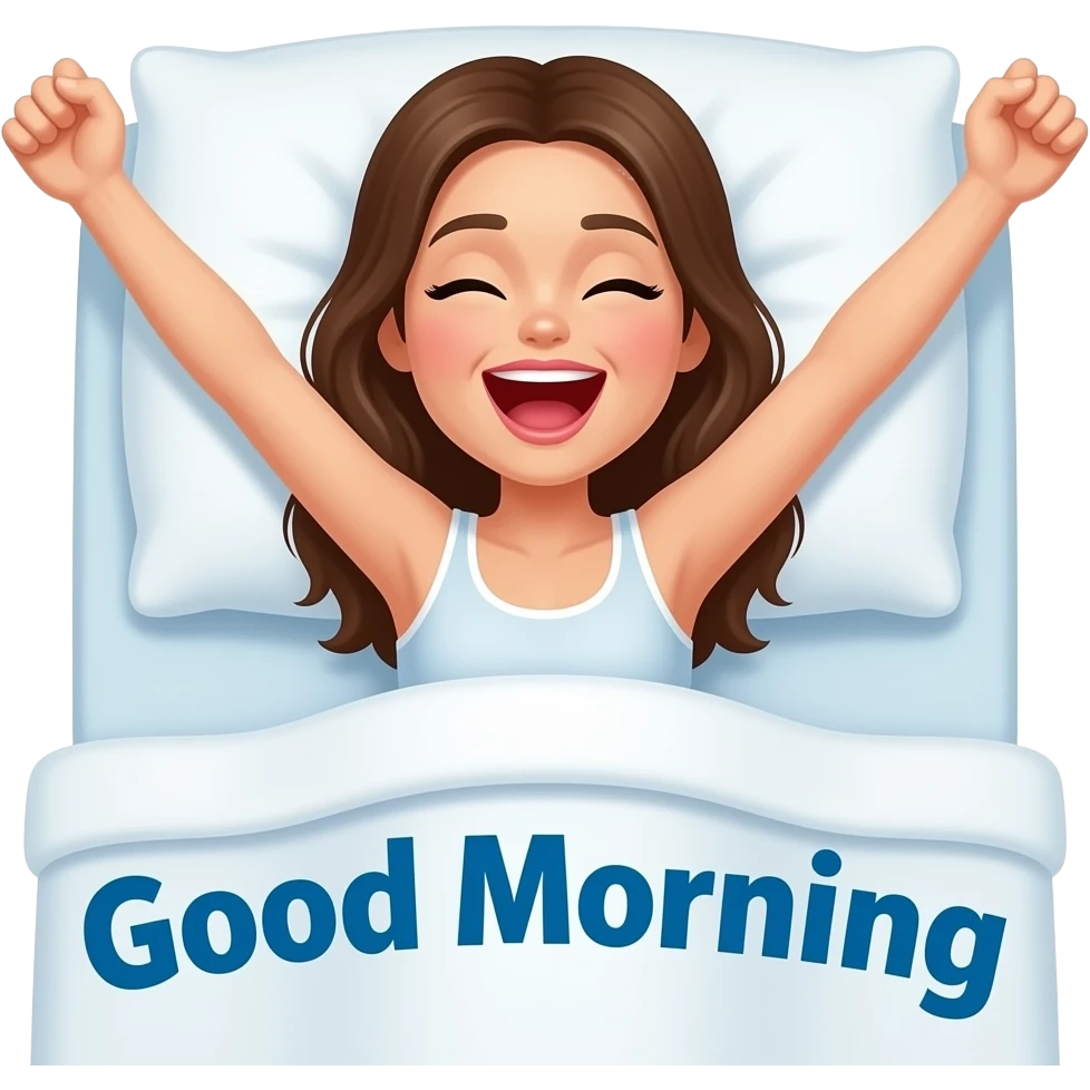 a topless woman waking up in bed with arms fully stretched and yawning with the words "Good Morning" in blue printed across emoji