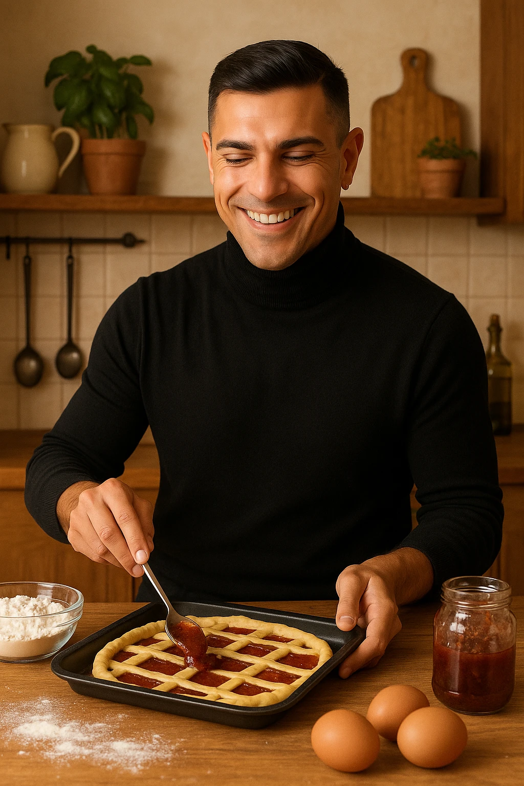 uomo che cucina il suo dolce preferito una crostata emoji