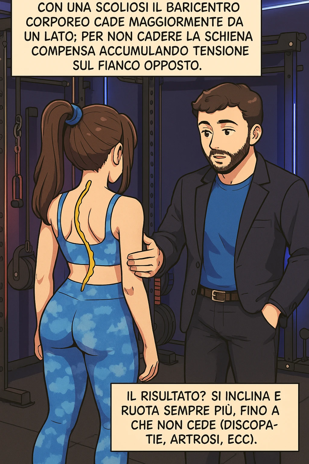 fai questa immagine in versione manga/webtoon a colori, il manga mostra la donna di spalle, mentre l'uomo le tocca la spina dorsale per spiegarle come funziona la scoliosi:
Con una scoliosi il baricentro corporeo cade maggiormente da un lato; per non cadere la schiena compensa accumulando tensione sul fianco opposto.
Il risultato? Si inclina e ruota sempre più, fino a che non cede (discopatie, artrosi, ecc) emoji