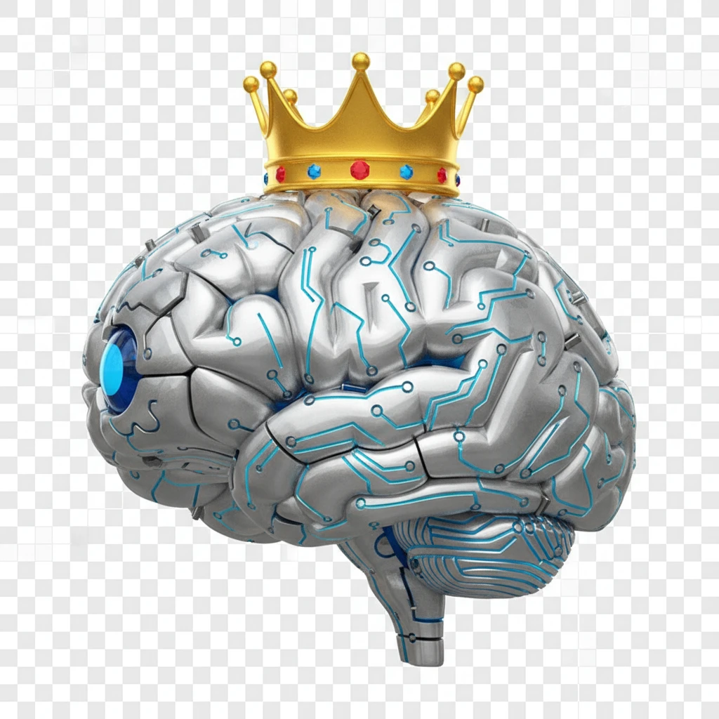 В той же стилистике сгенерируй иконку мозга-робота, на который надета корона, прозрачный фон emoji