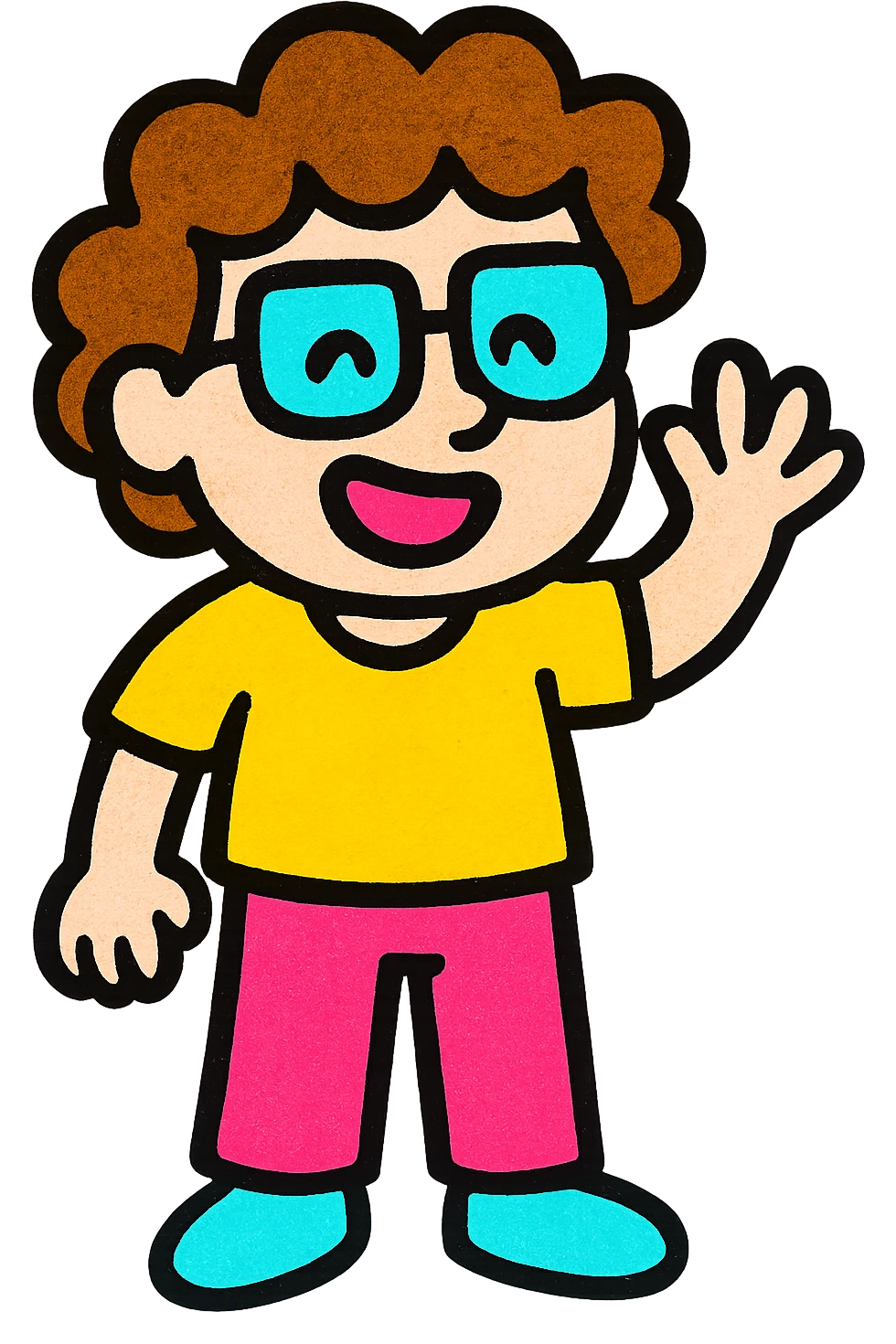 character with curly brown hair, eyeglasses, white complexion skin, vibrant colorful style emoji