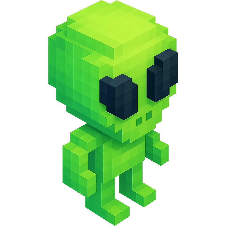 alien with classic green skin and big black eyes, isometric view emoji