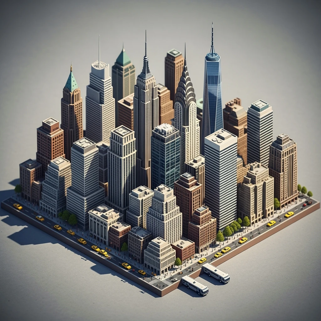 Isometric miniature of New York city 3D miniature effect and Tilt Shift effect, no cartoonish look, transparent background. emoji