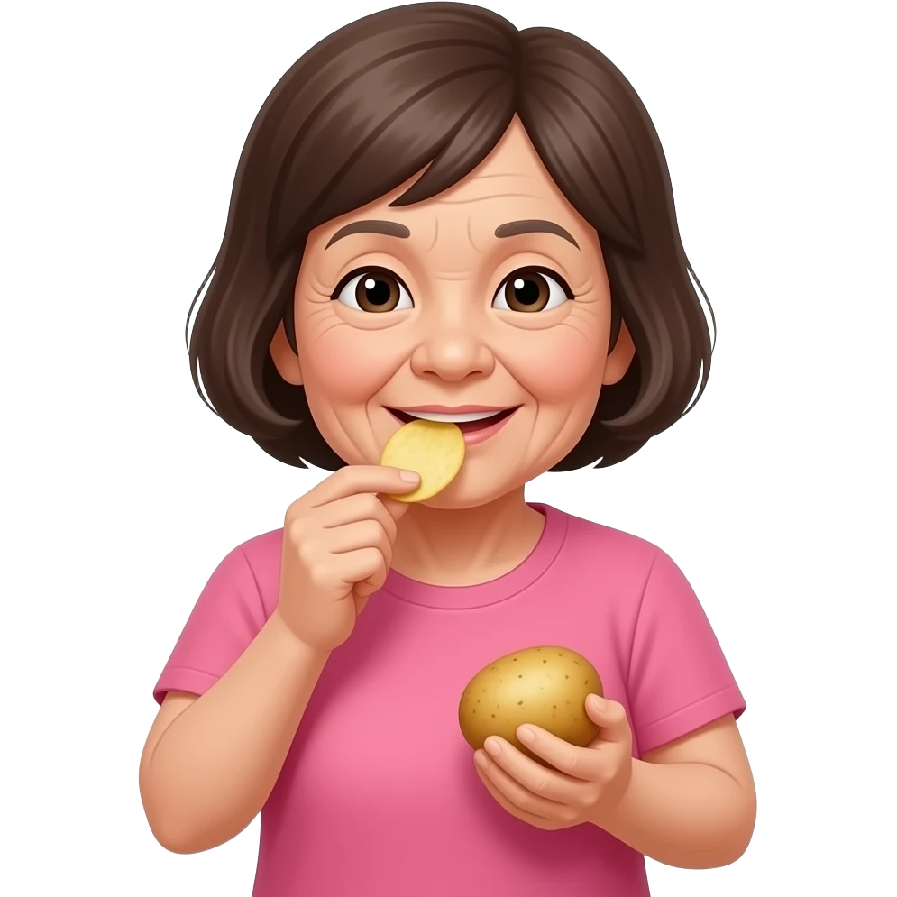Asian grandma wearing pink tshirt with very short brown hair eating potato chips emoji