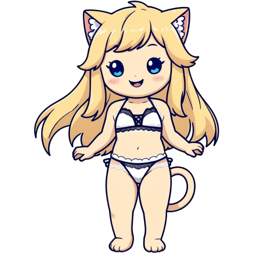 painting of flirty petite blonde blue eyes catgirl soft body long hair freckles giggling shy lace white bikini tight waist wide hips historical Japanese art influence emoji
