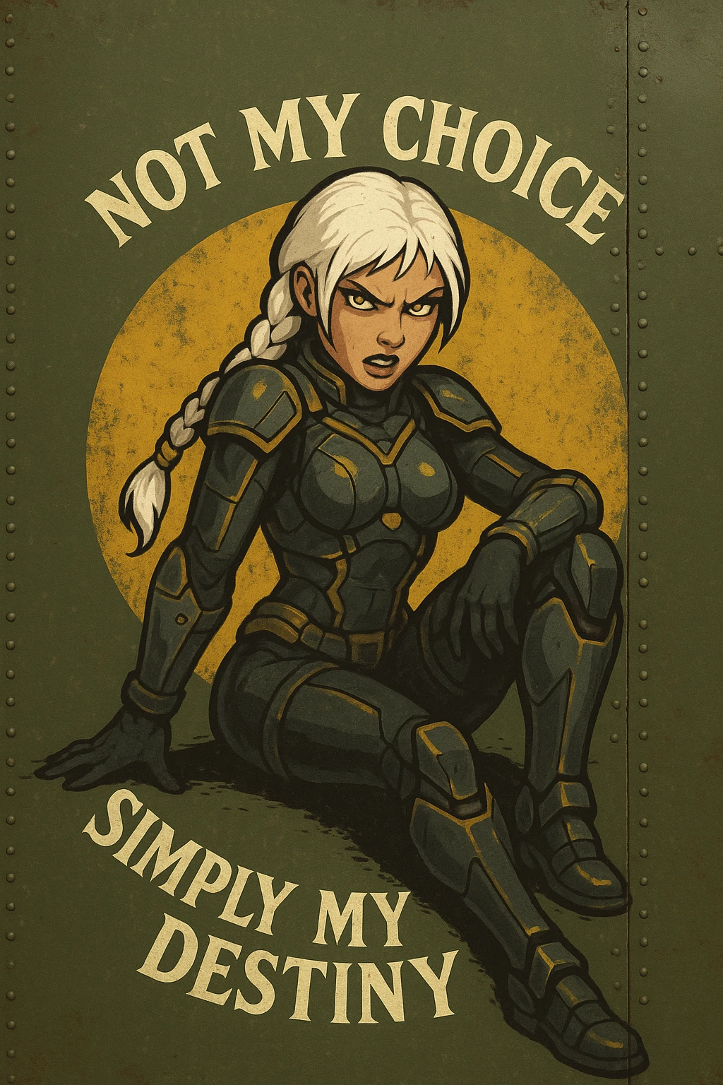 a retro military pinup fuselage decoration for the motto " not my choice, simply my destiny "
; female figure young and gorgeous, white hair 1 braid, gold yellow eyes, spacer, fierce, exo-rogue, menacing yet taunting emoji
