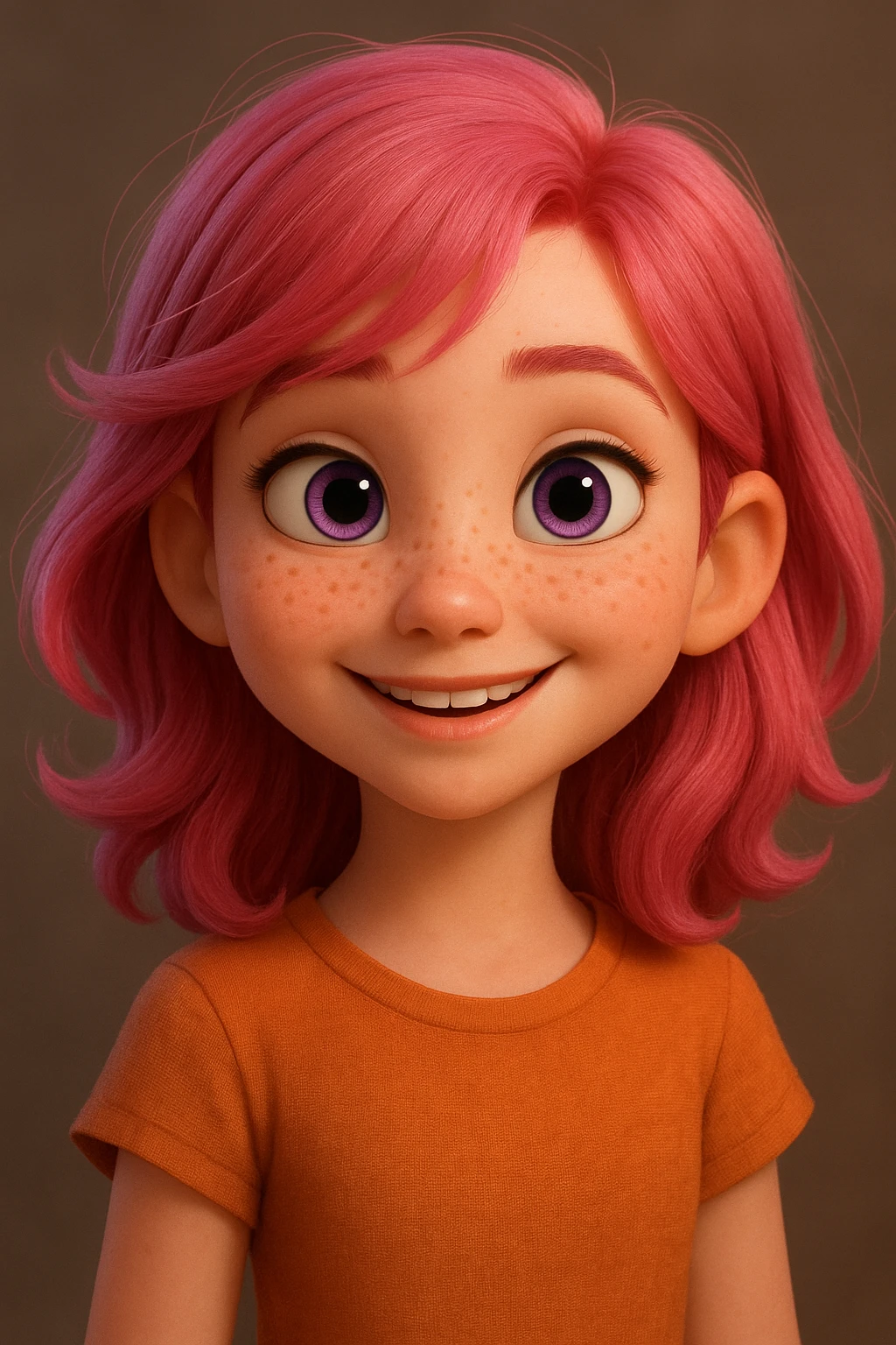 3D Disney-style girl with pink hair, purple eyes, freckles, smiling, in the style of a Disney animated movie character, referencing provided image for likeness emoji